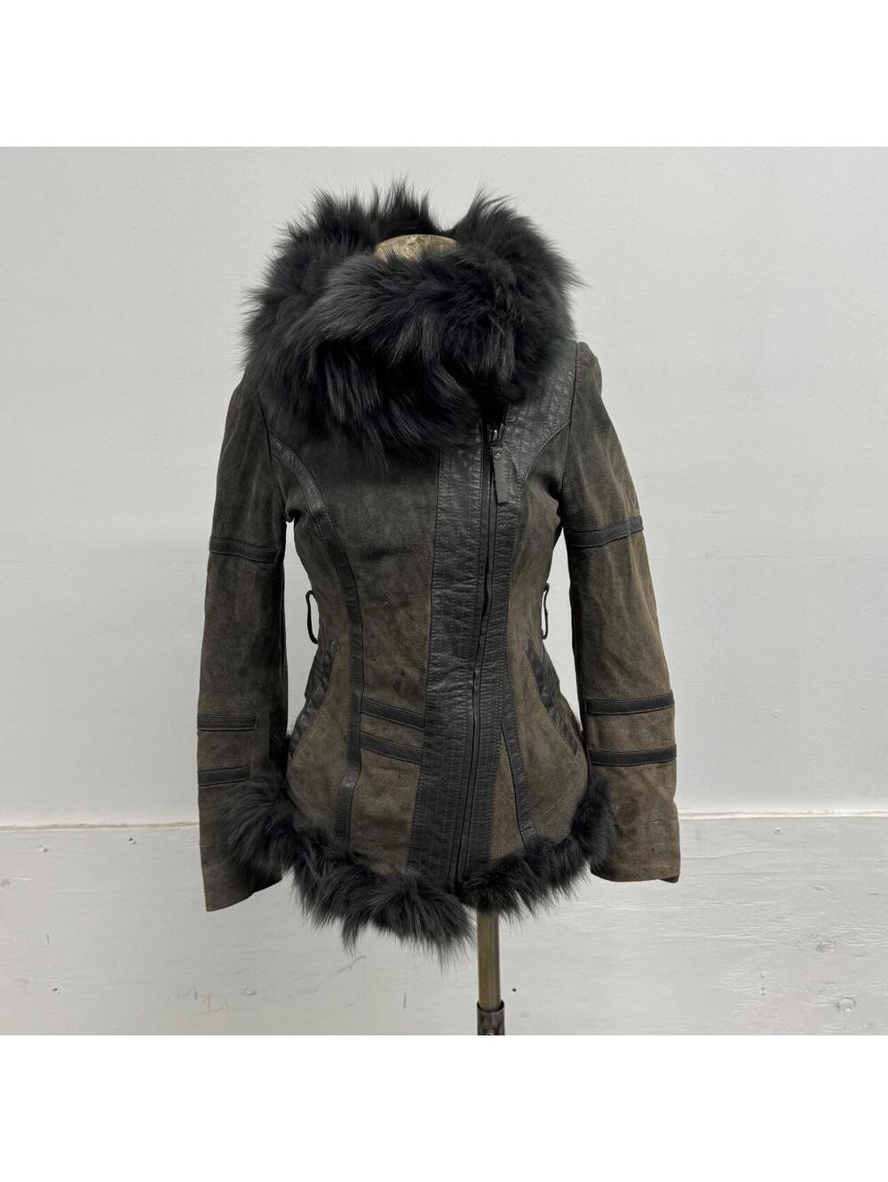 Vintage ONLY Grey Suede Funnel-Neck Fox Fur Jacket - Picture 4 of 8